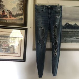 American Eagle Super Hi Rise Jegging Blue Distressed Holes Jeans Sz 6 A257